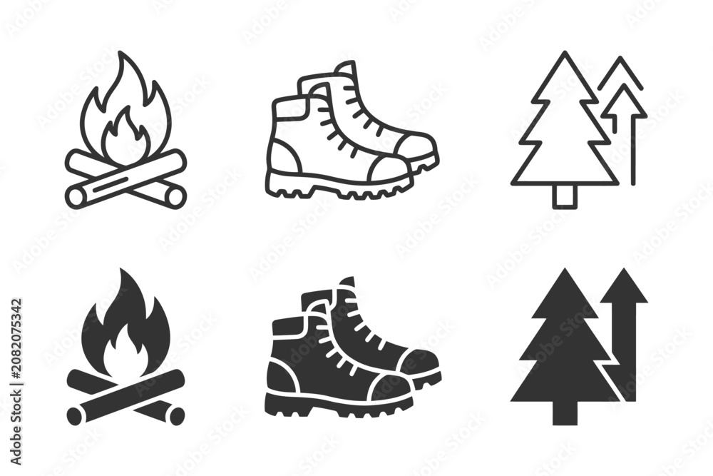 Fototapeta premium Outdoor adventure icons set illustrating campfires, hiking boots, and trees.