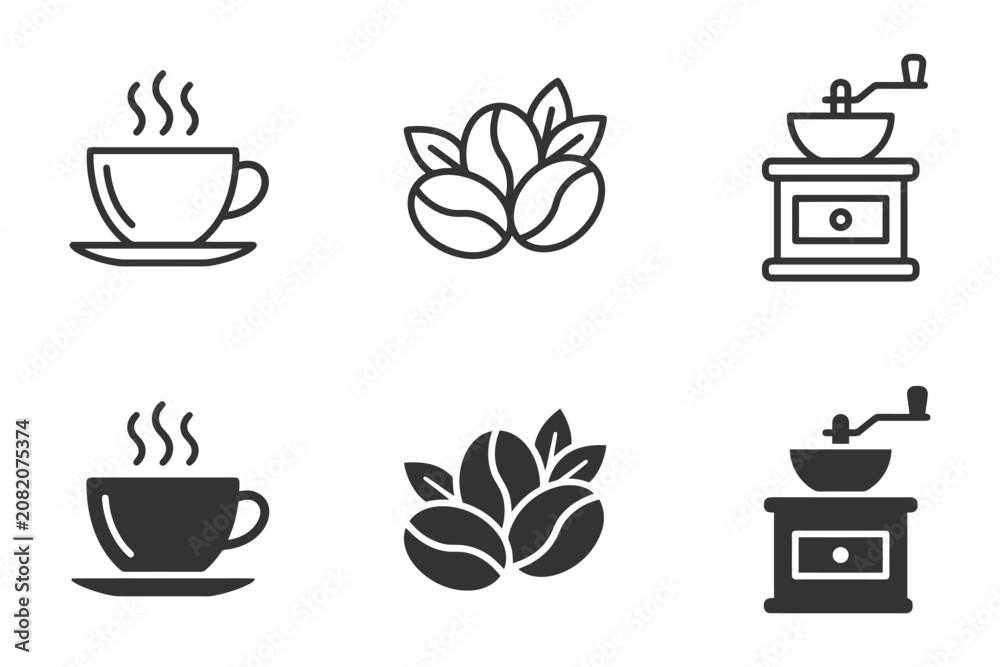 Fototapeta premium Coffee icons set: cups, beans, and grinders in black design.