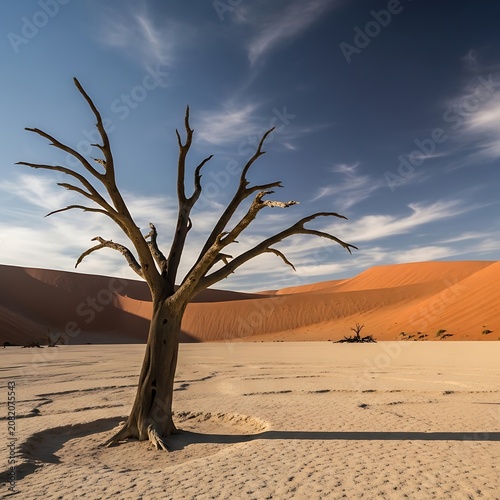 Dead Desert Tree Standing Among Orange Sand Dunes Under Dramatic Blue Sky