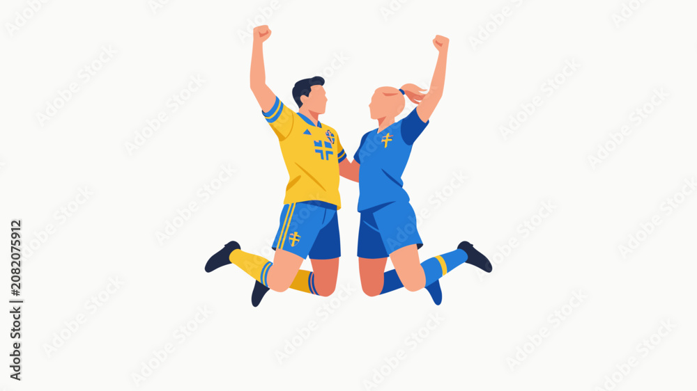 Obraz premium Two soccer players jumping in celebration.