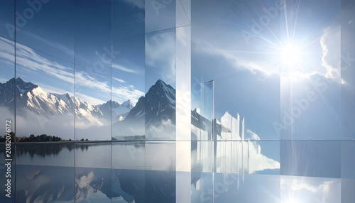 Panoramic view of snowy mountains reflected in a glassy, divided wall with a sunny sky