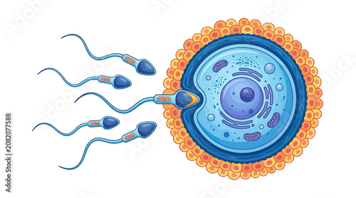 Billede på lærred Fertilization: Sperm approaching and penetrating egg cell, close-up illustration