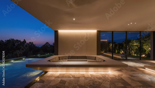 Luxury Outdoor Lounge Area with Pool at Dusk