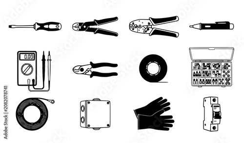 Tableau sur toile Electrical Hand Tools and Equipment Icon Set Featuring Multimeter Pliers Wire St