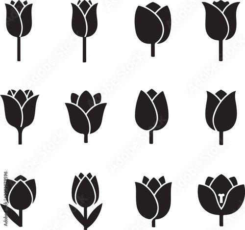 Setofblacktulipflowersiconsindifferentpositionsandorientationsonwhitebackground