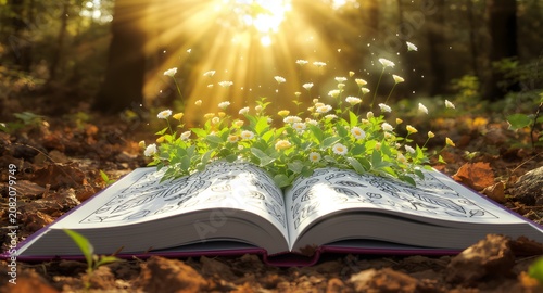 National Coloring Book Day image of an open coloring book on forest floor as white daisies and greenery grow from the pages in warm sun rays. Nature, creativity, and renewal concept.