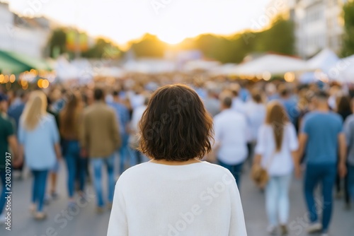 Woman seen from behind looking at a large crowd outdoors during sunset, capturing the energy of a public event.