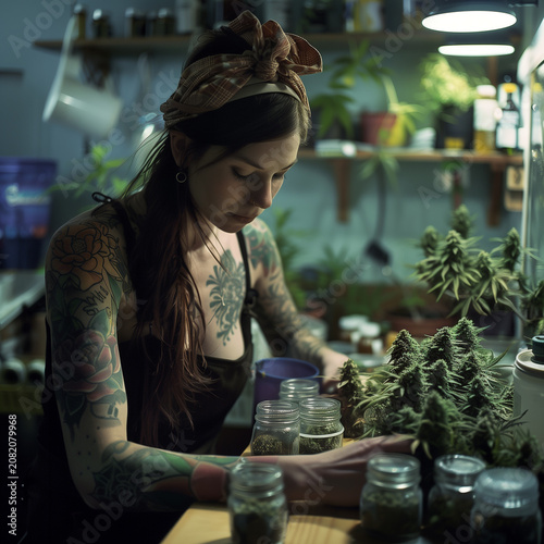 Cannabis grower beautiful sexy woman, apothecary herbal products in the room shop