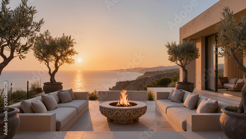 Luxury Terrace with Fire Pit at Sunset Overlooking Ocean