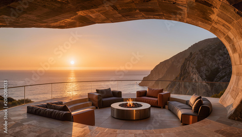 Luxury Terrace with Fire Pit at Sunset Overlooking Ocean and Mountains