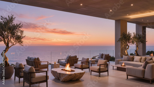 Luxury Terrace with Fire Pit at Sunset Overlooking Ocean