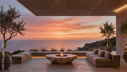 Luxury Terrace with Ocean Sunset View, Fire Pit, and Modern Outdoor Furniture