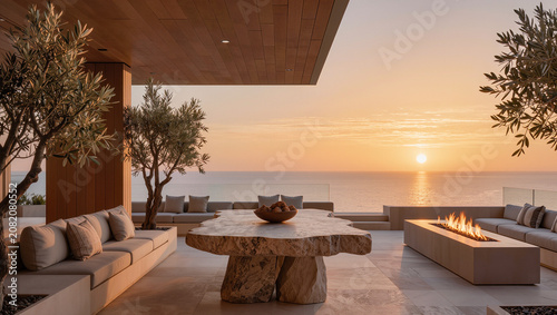 Luxury Terrace with Ocean Sunset View, Modern Outdoor Living Space