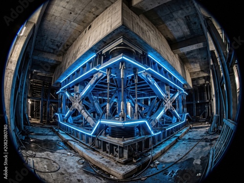 Fisheye view of seismic shock absorber for quake anxiety relief concept.