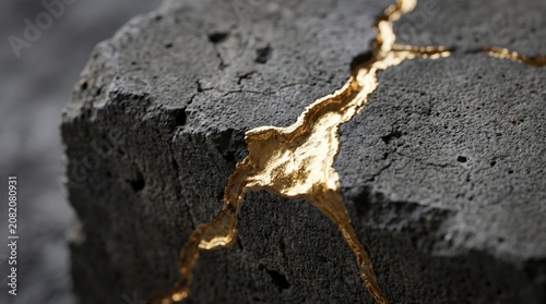 Macro shot of cracked ground repaired with gold for quake anxiety relief.