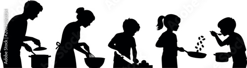 Family silhouettes engaged in various cooking activities in the kitchen