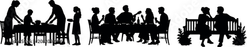 Silhouettes of people enjoying various social gatherings and outdoor relaxation