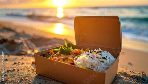 A serene beach setting with an open cardboard box containing food