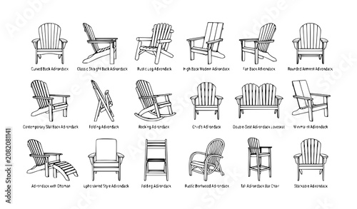 Quadro su tela Stylized Adirondack Chair Vector Icon Collection with Outdoor Patio Furniture Li