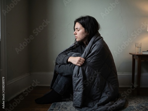 Side profile of woman using weighted blanket for quake anxiety relief.