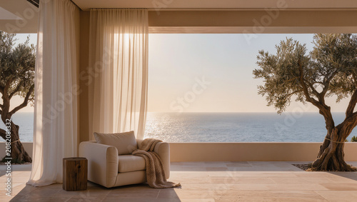 Luxury Terrace with Ocean View, Cozy Armchair, and Olive Trees at Sunset