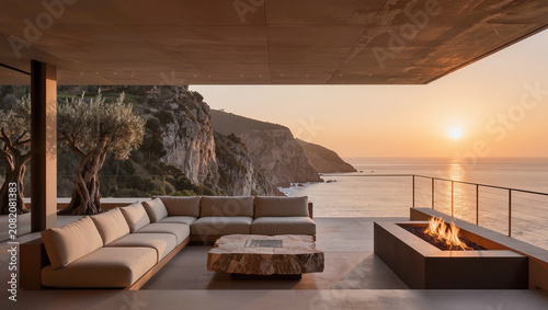 Luxury Terrace with Ocean View, Fire Pit, and Modern Sofa at Sunset