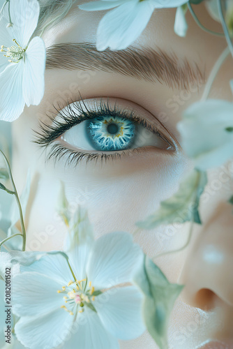 Close-up view of an eye surrounded by flowers in a natural setting during daylight