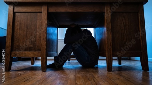 Worms eye view of person sheltering under desk for quake anxiety relief.