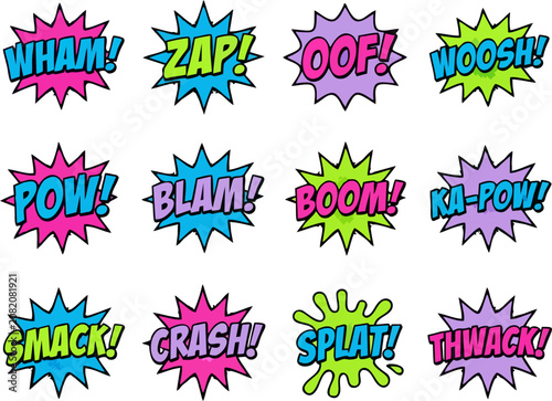 Bild auf Leinwand Comic Book Sound Effect Speech Bubble Collection with Colorful Pop Art Action Wo