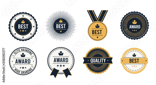 Set of professional award badges and quality labels in navy blue and gold colors for excellence and branding.
