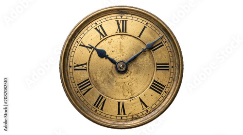 Schilderij op canvas Old gold clock face featuring roman numerals and weathered texture with no clock hands against a transparent background
