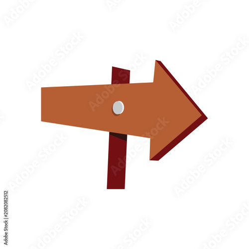 Flat vector illustration of a rustic brown wooden arrow sign attached to a post with a metal screw, pointing to the right on a white background.