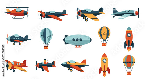 Collection of retro and modern air transportation icons featuring airplanes, helicopters, hot air balloons, and space rockets.
