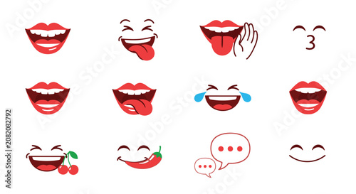 Collection of expressive mouth and eye icons showing various emotions like laughter joy and playful facial gestures in flat style.