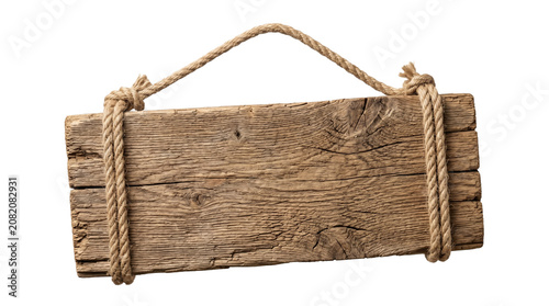 Konstfotografi Rustic wooden plank sign with rope, isolated on transparent background for custom messages and designs