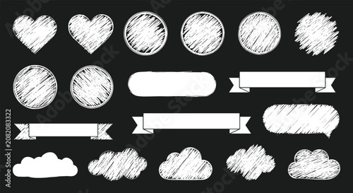 Hand drawn chalk style elements on blackboard background featuring hearts circles ribbons and cloud shapes for creative designs.