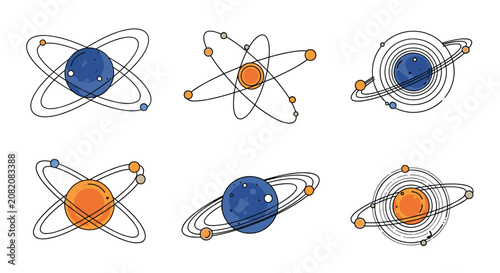 Scientific diagrams illustrating various planetary systems with orbits moons and celestial bodies in a clean flat design style.