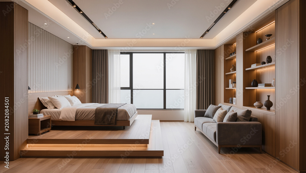 Fototapeta premium Modern Minimalist Bedroom Interior with Platform Bed and Sofa, Warm Lighting