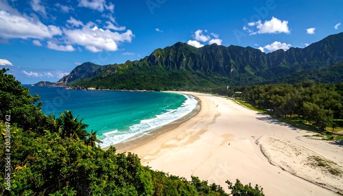 A serene beach with turquoise water, white sand, and lush greenery against a mountainous backdrop