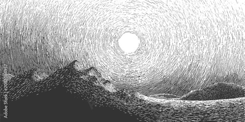Quadro su tela Black and white woodcut style of a bright sun over dark mountains and choppy wat