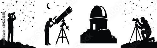 Fotografie WebAstronomy silhouettes set featuring people stargazing with telescope binocula