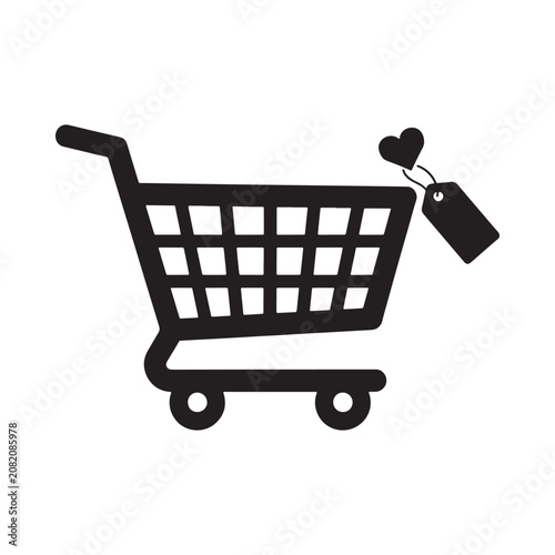 Shopping cart silhouette with heart shaped tag on a white background