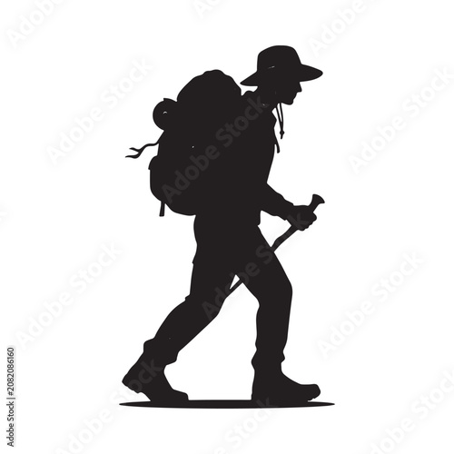 Hiker Silhouette With Backpack And Trekking Pole Black On White