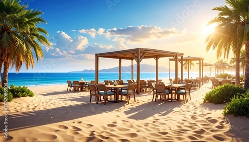 A serene beachside dining area with wooden structures and chairs on sandy shores surrounded by palm trees and vibrant greenery under a bright sunny sky