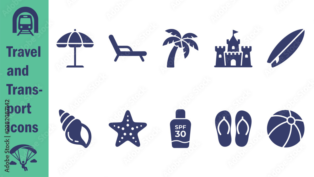 Obraz premium Huge set of basic travel and transport solid icons. Mega collection concept of Travel, Hotel, Holidays, Vacation, Tourism, luggage, flight, booking, destination and transportation. Vector illustration