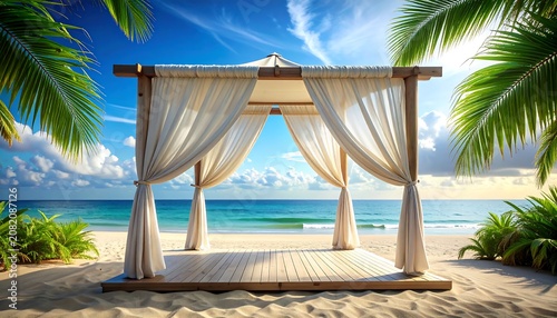 A serene beachside gazebo with white curtains, wooden deck, and palm trees