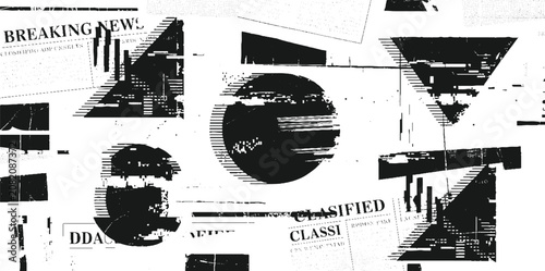 Black and white abstract collage of newspaper clippings geometric shapes and distressed text