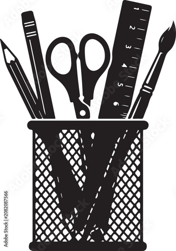 Desk Organizer with Essential Stationery Tools for Study and Creative Workspace Vector