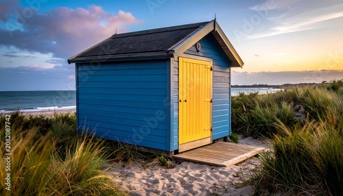 A serene beachside hut with a blue exterior and yellow door