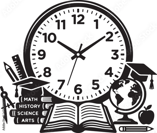 Academic Time Management Concept with Study Books and Learning Tools Vector